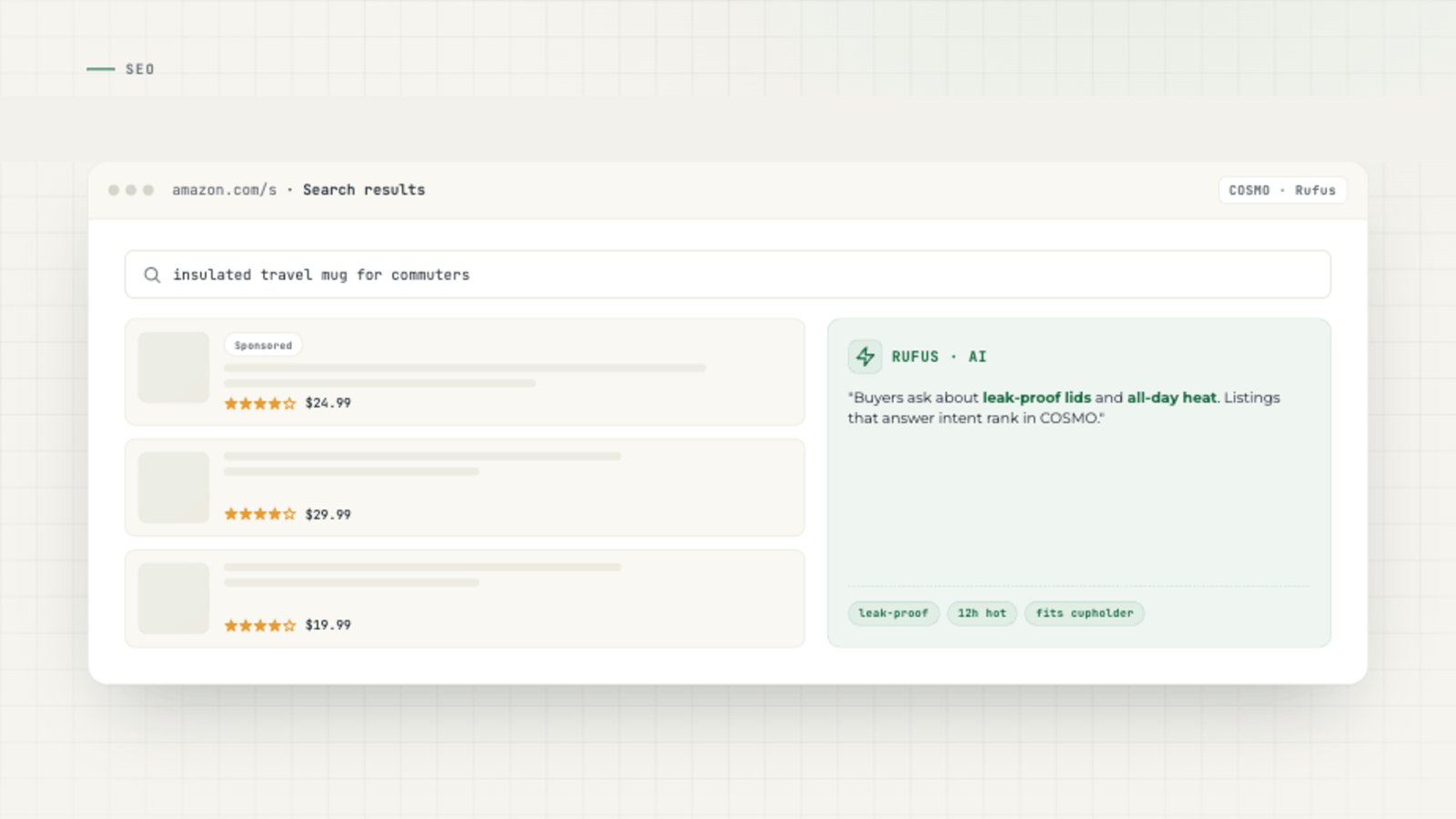 Amazon search analytics dashboard with COSMO ranking metrics